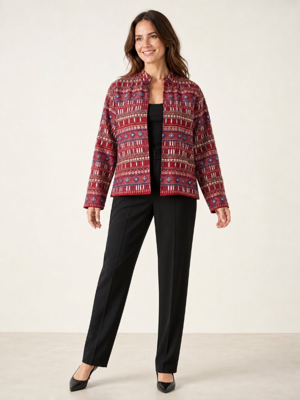 Chico's Red Embroidered Sequin Open Front Jacket Size 2 L